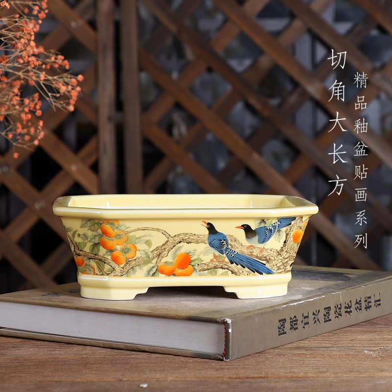 Bonsai Garden For Desk - Porseleinen rechthoekige bonsaipot, traditioneel Chinees patroon,